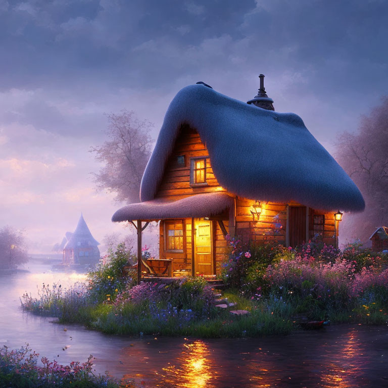 Thatched-Roof Cottage by River at Twilight with Warm Glowing Lights