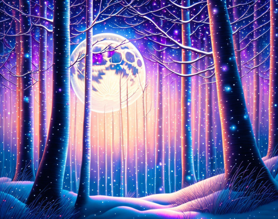 Purple-hued forest at night with luminous moon, snow, and starry sky