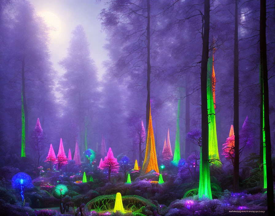 Moonlit mystical forest with luminescent flora and vibrant colors