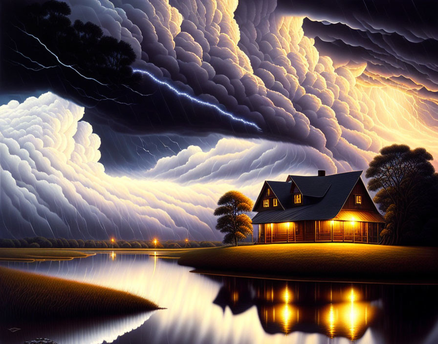 House by Lake with Dramatic Sky and Lightning Reflections