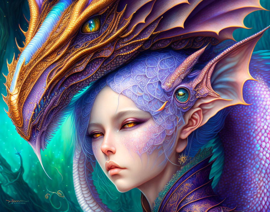 Fantasy Artwork: Person with Purple Scales & Golden Dragon in Mystical Setting