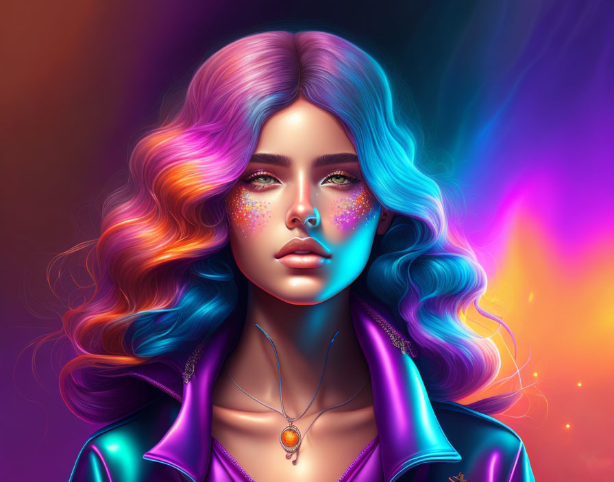 Vibrant illustration: Woman with colorful hair, purple jacket, pendant, and sparkling makeup