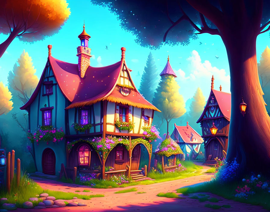 Vibrant fairy tale village illustration with whimsical cottages in magical twilight.