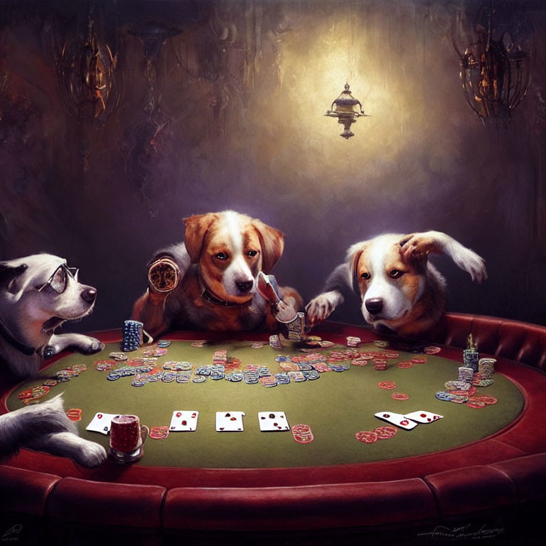 Four Dogs Playing Poker at Table with Cards and Chips in Moody Lighting