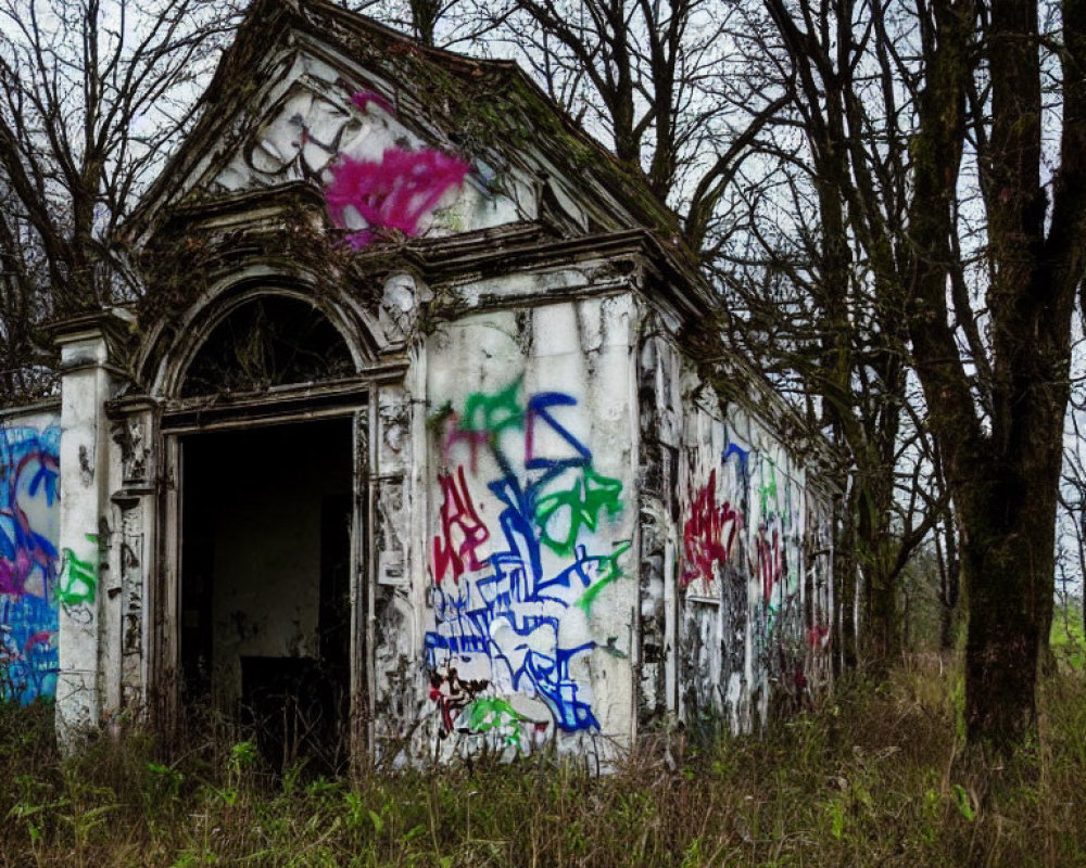 Abandoned building with graffiti-covered walls and overgrown trees