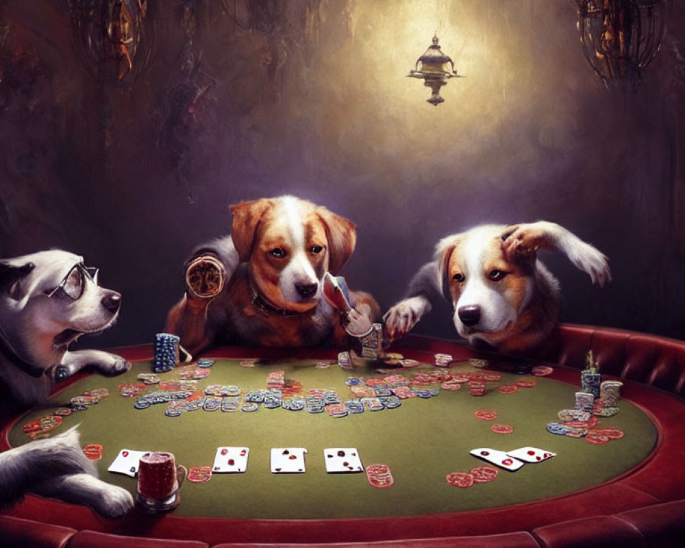 Four Dogs Playing Poker at Table with Cards and Chips in Moody Lighting