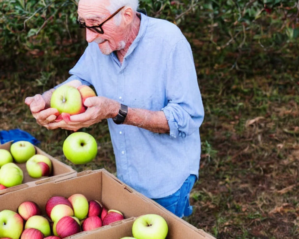 Elderly man in blue shirt picking apples in orchard