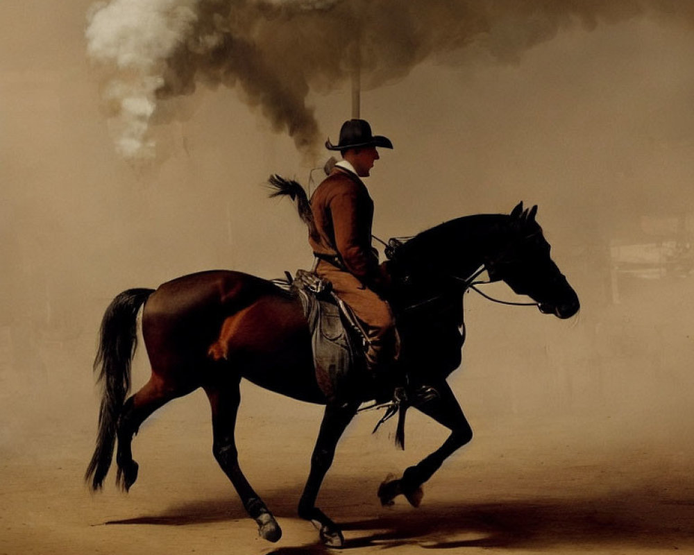 Rider in hat gallops on dark horse in Western scene