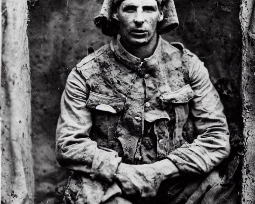 Monochrome image of tired soldier in torn uniform, covered in mud