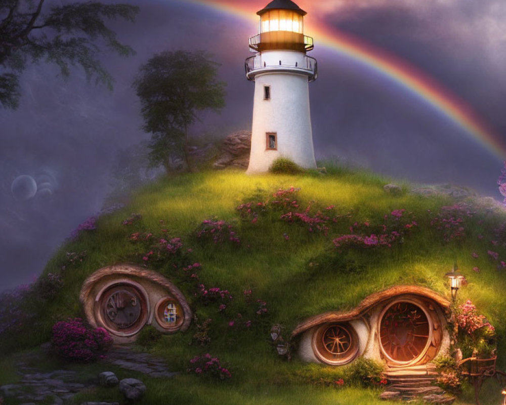 Scenic lighthouse on green hill with rainbow and quaint round doorways