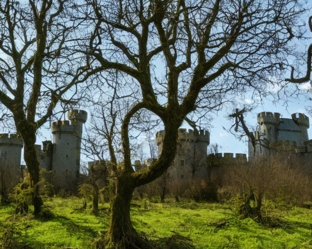 Medieval castle and bare trees under blue sky with clouds.