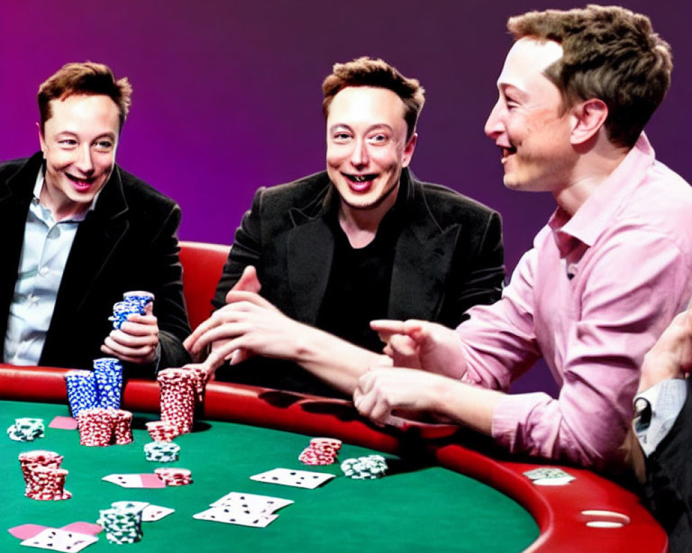 Three people laughing at poker table with chips and cards.