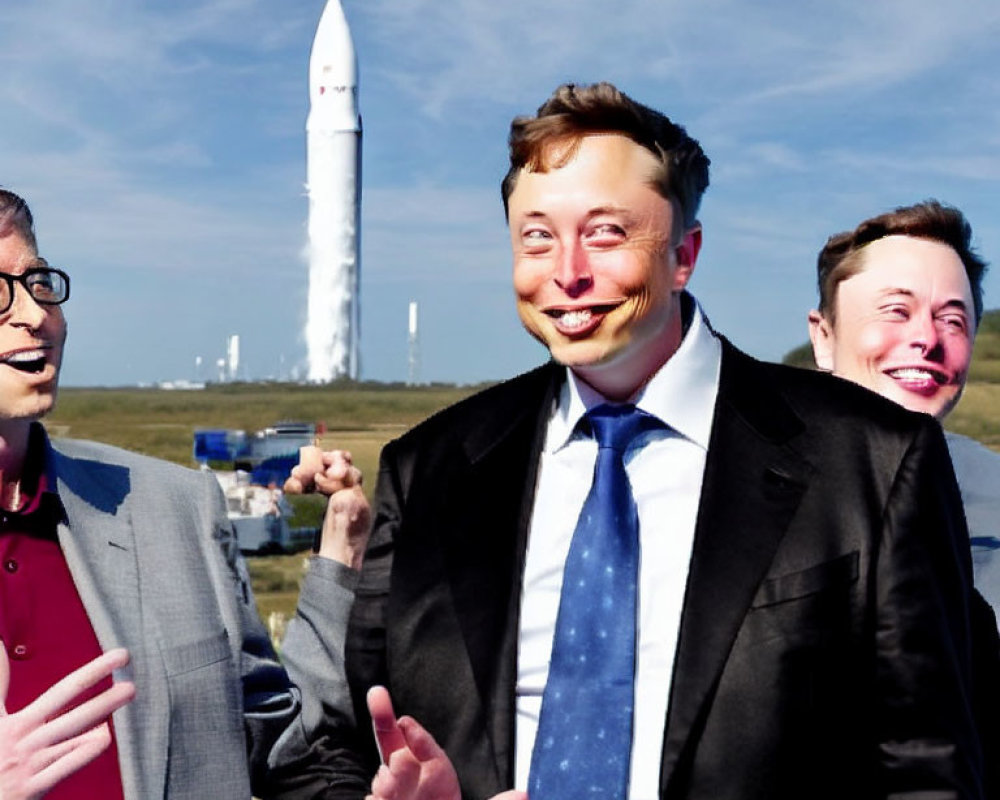 Two identical individuals with a rocket in the background, smiling outdoors.