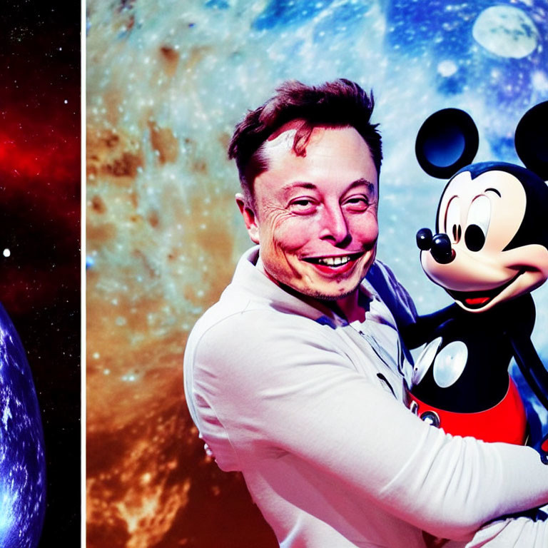 Smiling person hugging Mickey Mouse in cosmic space