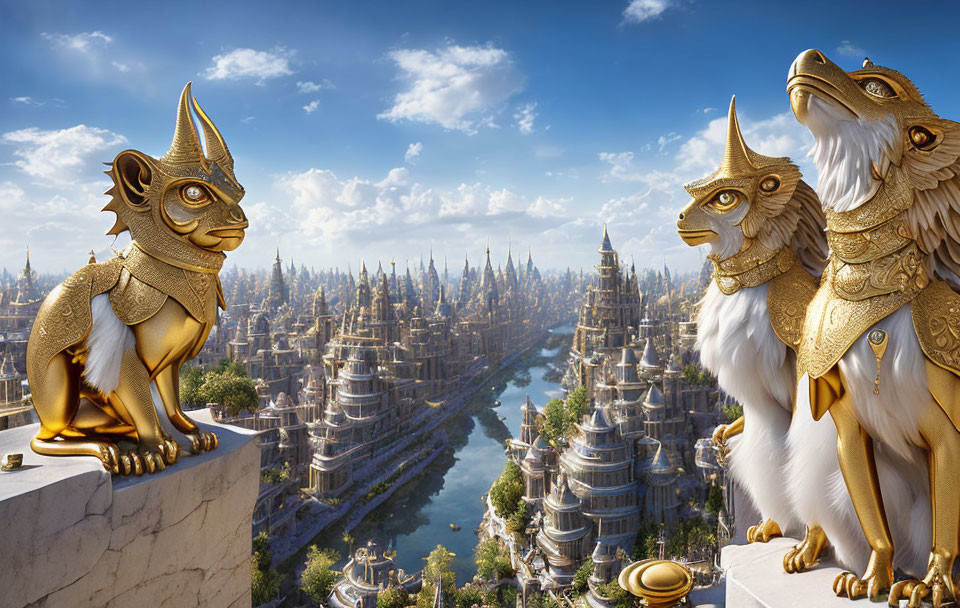 Ornate cityscape with golden sphinx and griffin statues