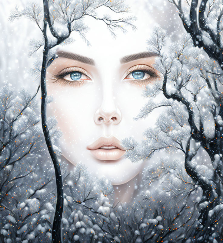 Surreal illustration: Woman's face in snowy landscape