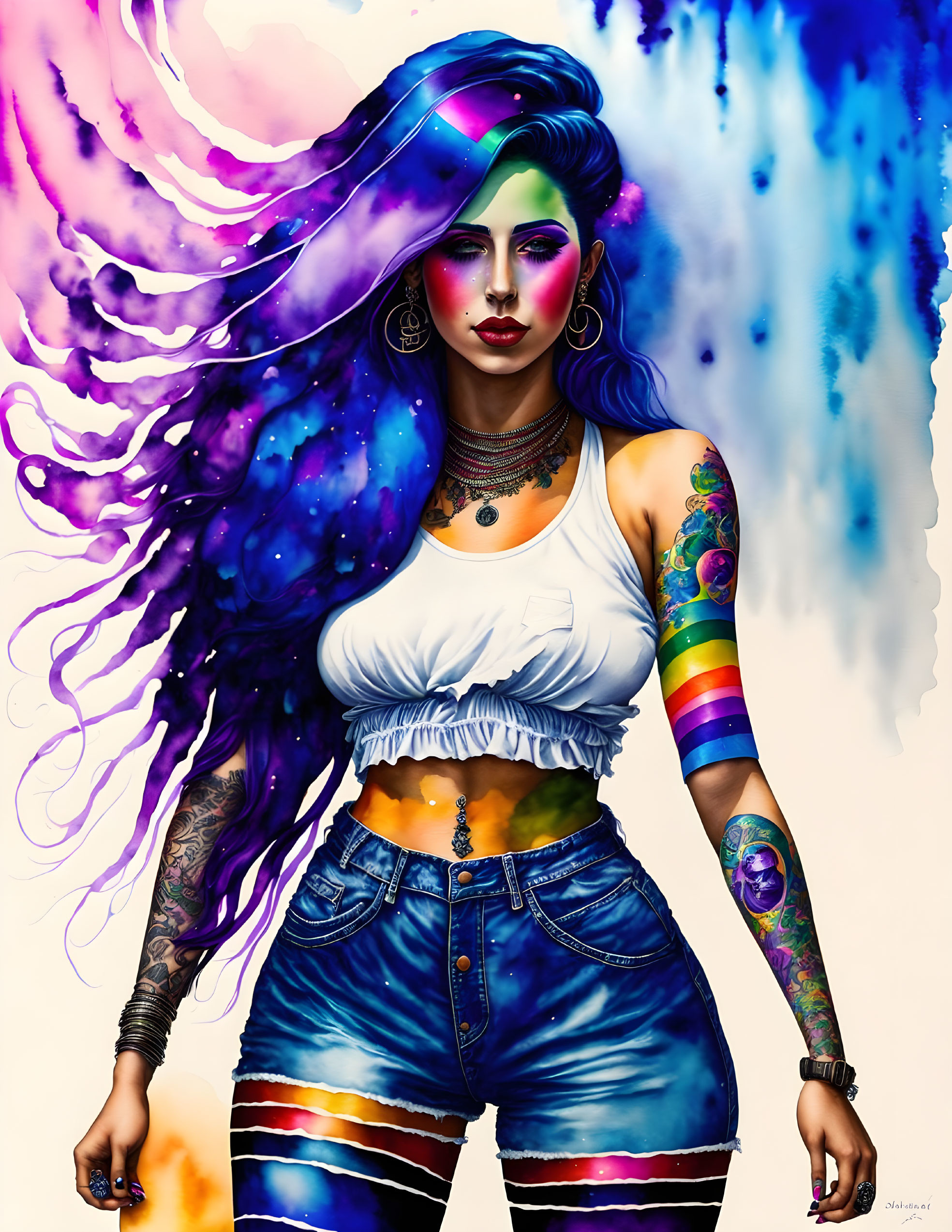 Colorful digital artwork: Woman with cosmic hair, tattoos, rainbow attire on white background