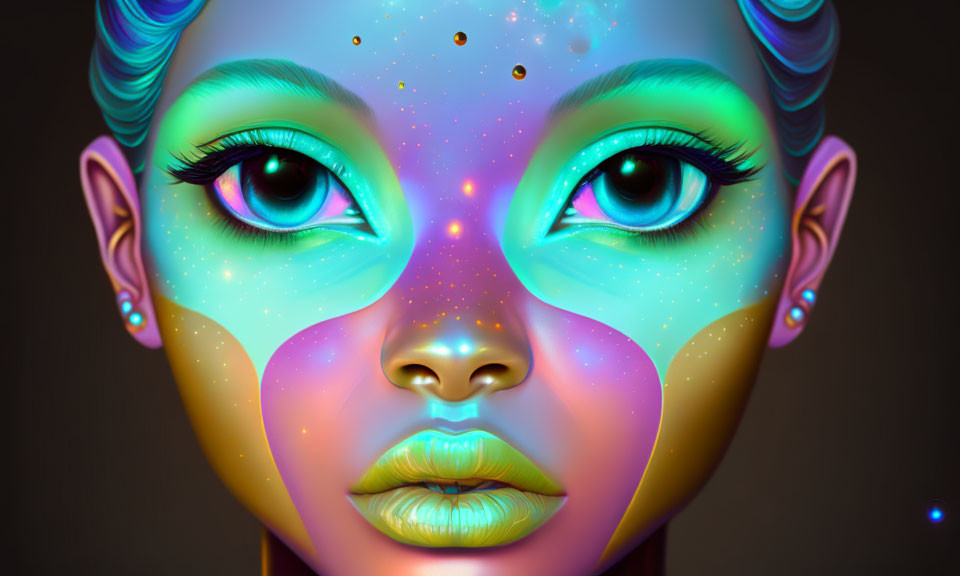 Colorful surreal digital artwork: Woman's face with galaxy makeup, pointed ears, glowing eyes