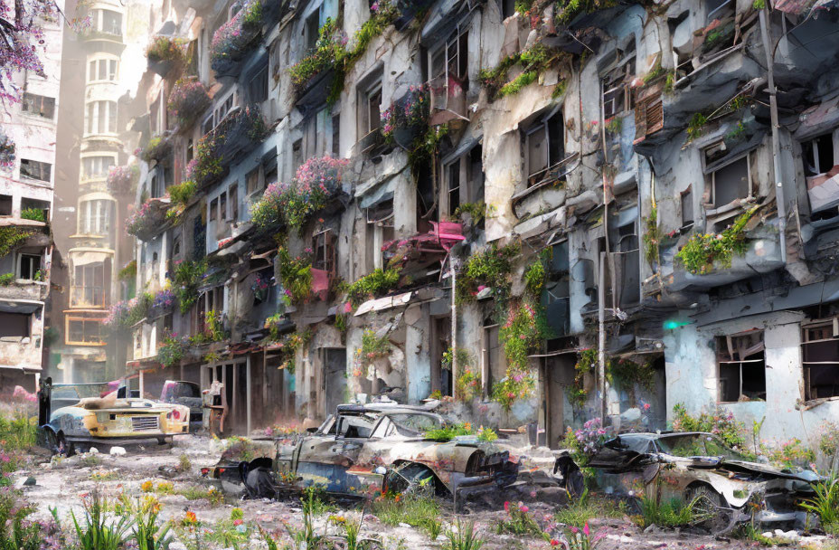 Desolate post-apocalyptic cityscape with overgrown buildings and wildflowers