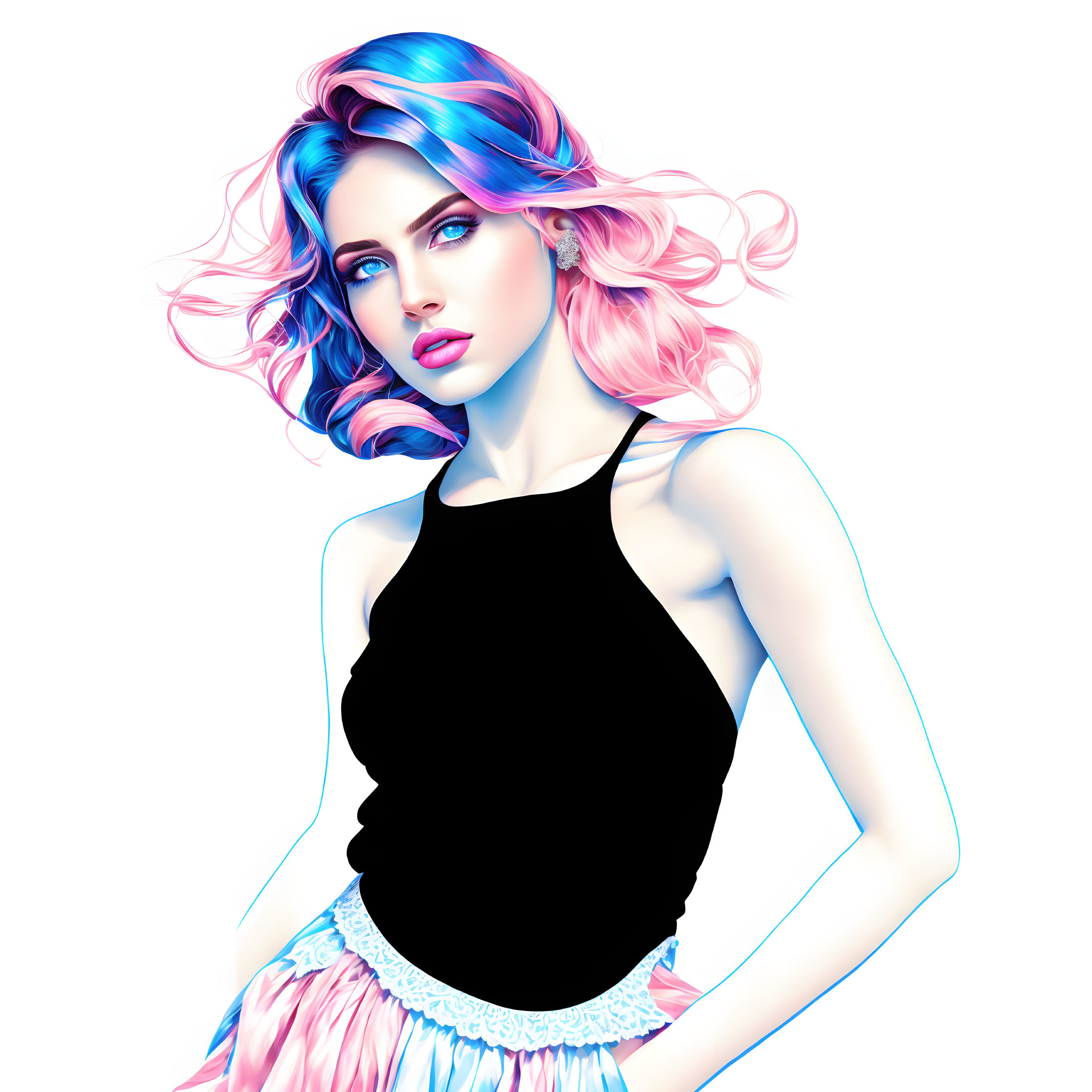 Vibrant blue and pink hair woman in black tank top and pastel skirt illustration