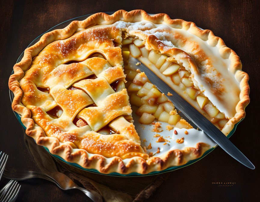 Freshly Baked Pear Pie with Lattice Crust and Knife on Wooden Surface