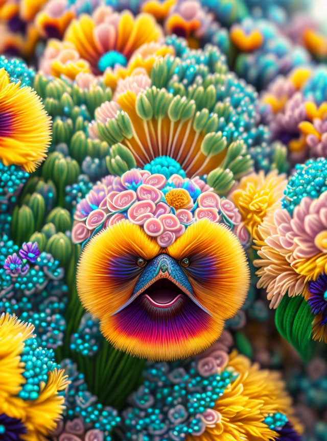 Colorful surreal landscape with floral creature in digital art