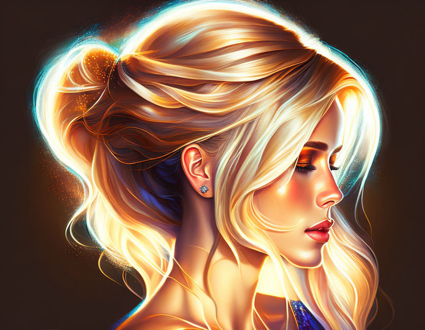 Glowing woman with flowing hair on dark background