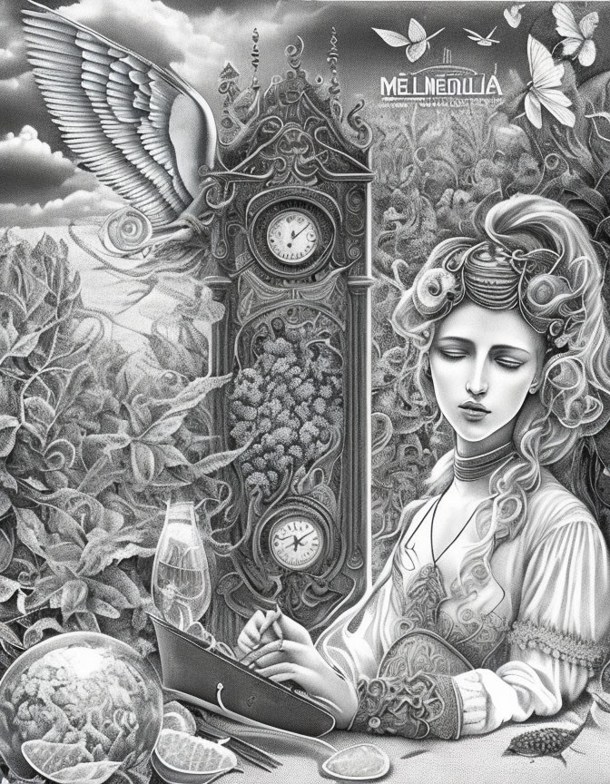 Monochrome artwork featuring woman with intricate hair, laptop, clock, grapevines, owl, and