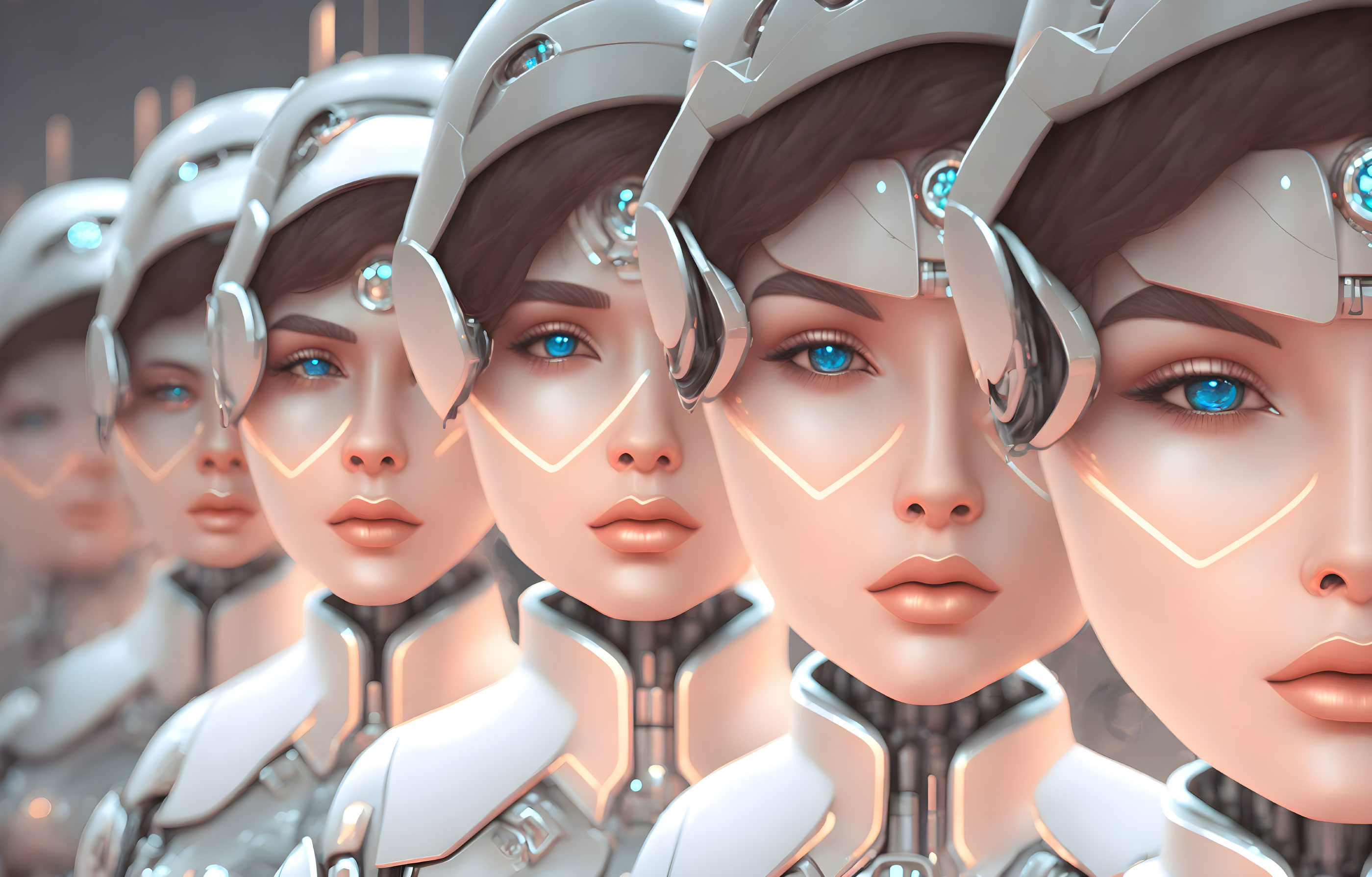 Row of Female Humanoid Robots in Futuristic Headgear