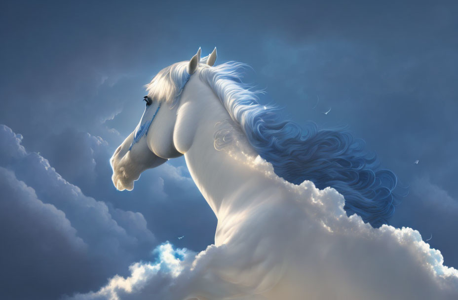 White Horse with Flowing Mane in Cloudy Sky