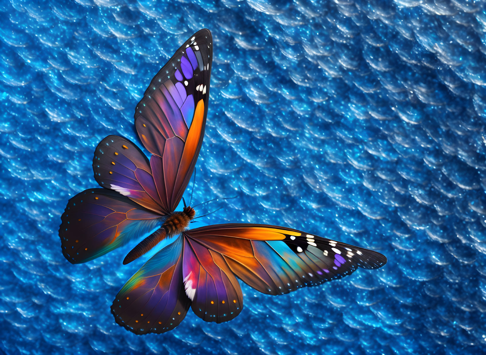 Colorful Digital Butterfly with Orange and Blue Wings on Sparkling Blue Water Background