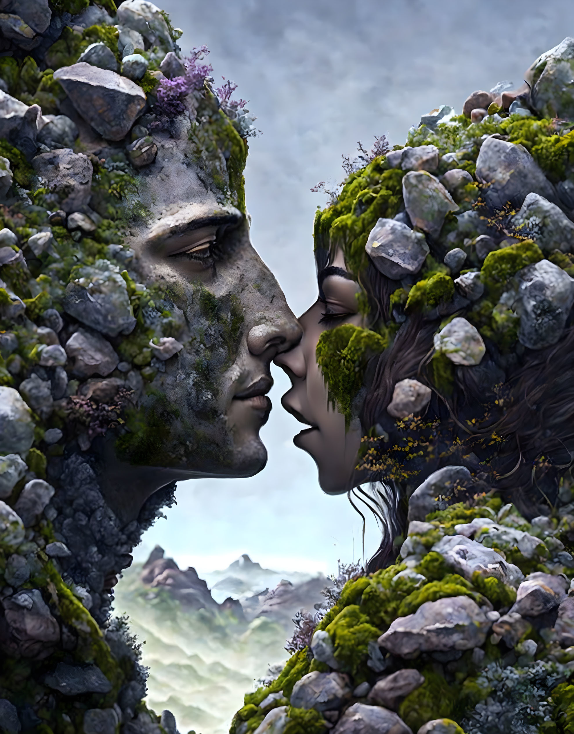 Rocky faces covered in moss about to kiss against mountain backdrop