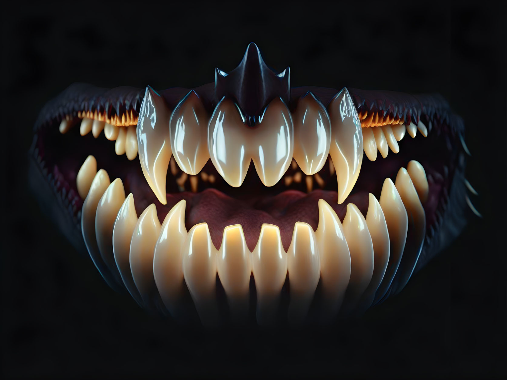 Fantastical creature with sharp, luminous teeth in dark gums