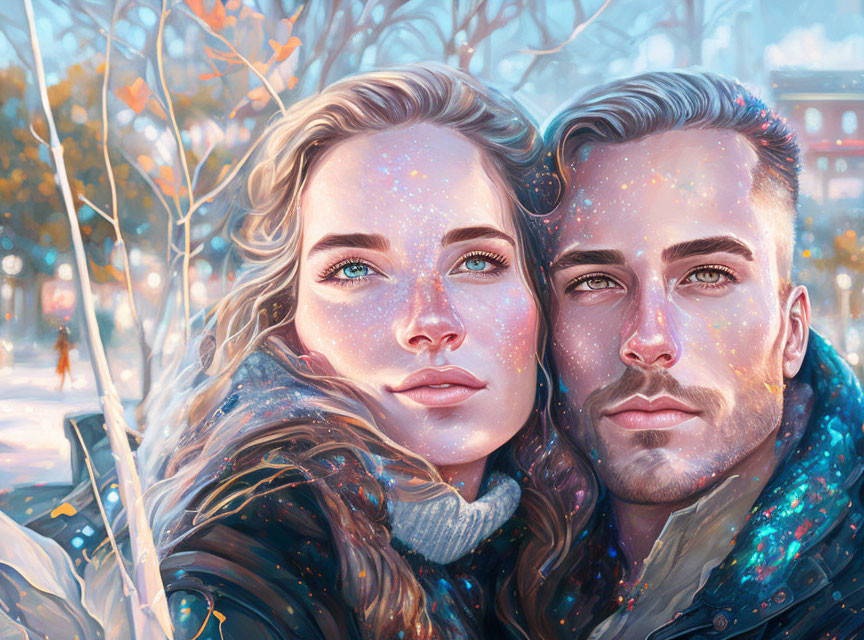 Couple Embraced in Winter Scene with Sparkling Skin