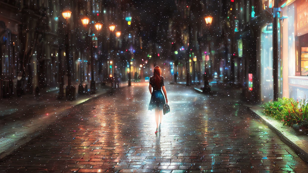Red-Haired Figure Walking on Snowy Night Street