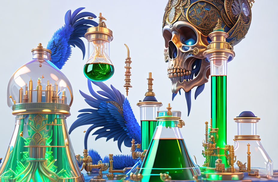 Colorful 3D art scene: skull, feathers, flasks, metallic ornaments