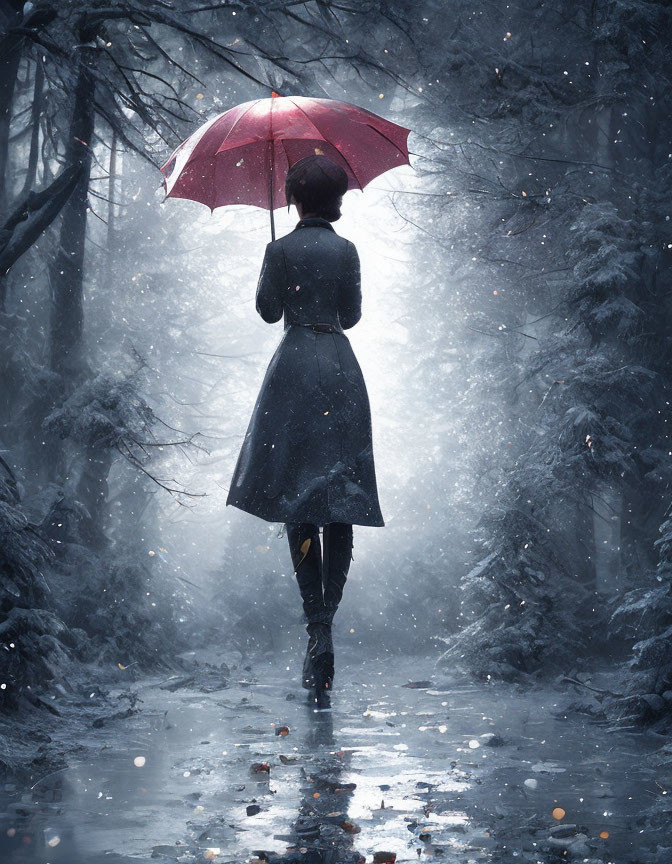 Person in dark coat with red umbrella walks snowy forest path