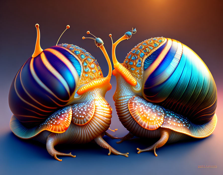 Colorful stylized snails with intricate patterns on gradient background
