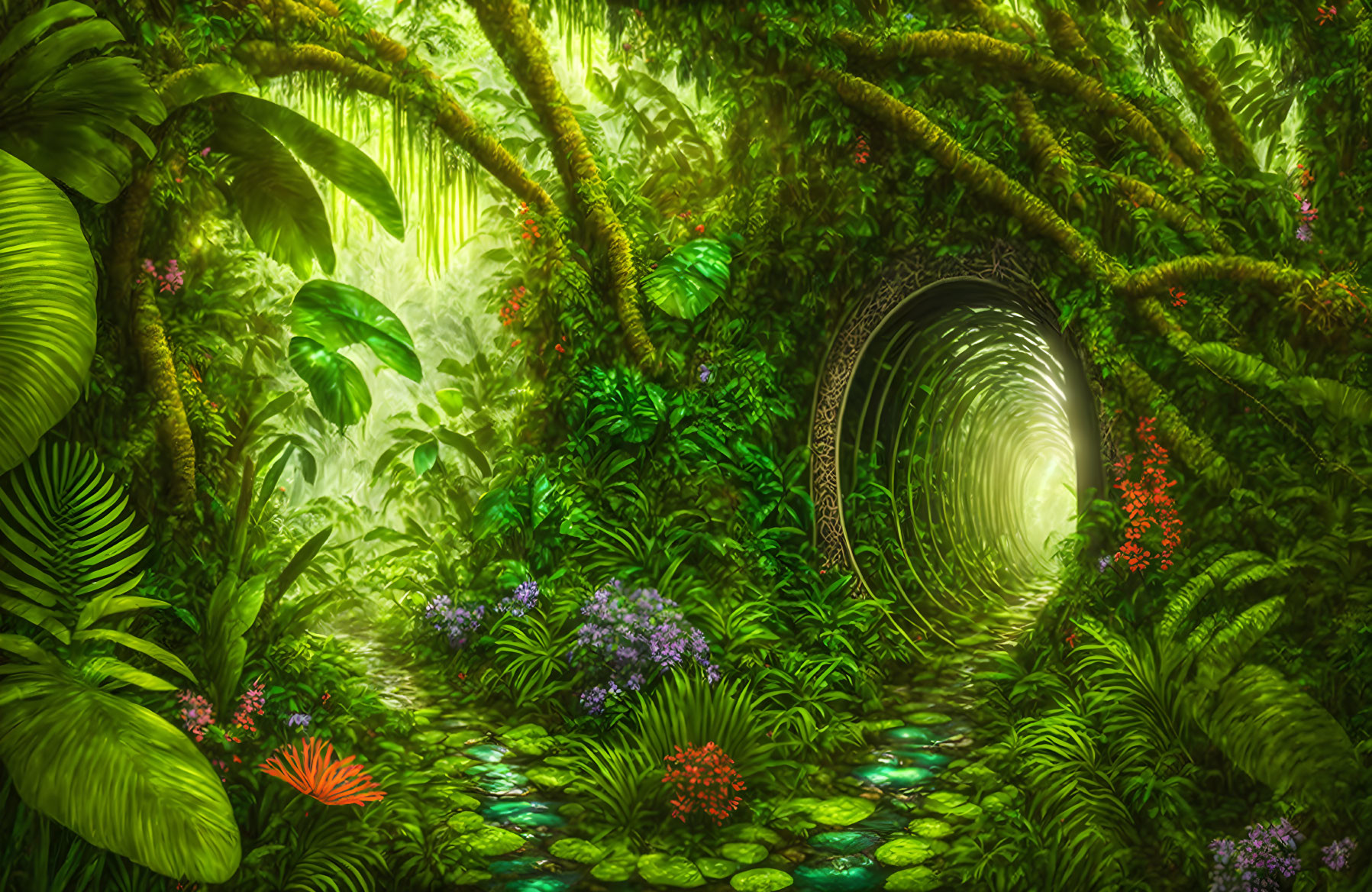 Lush Green Jungle Scene with Mysterious Tunnel Entrance