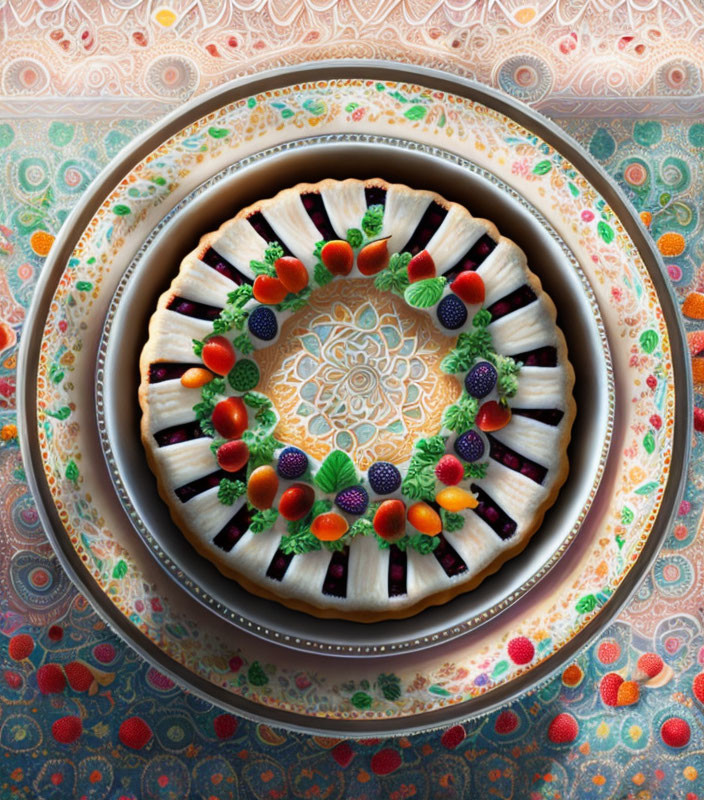 Colorful Fruit Tart on Patterned Plates and Ornate Tablecloth