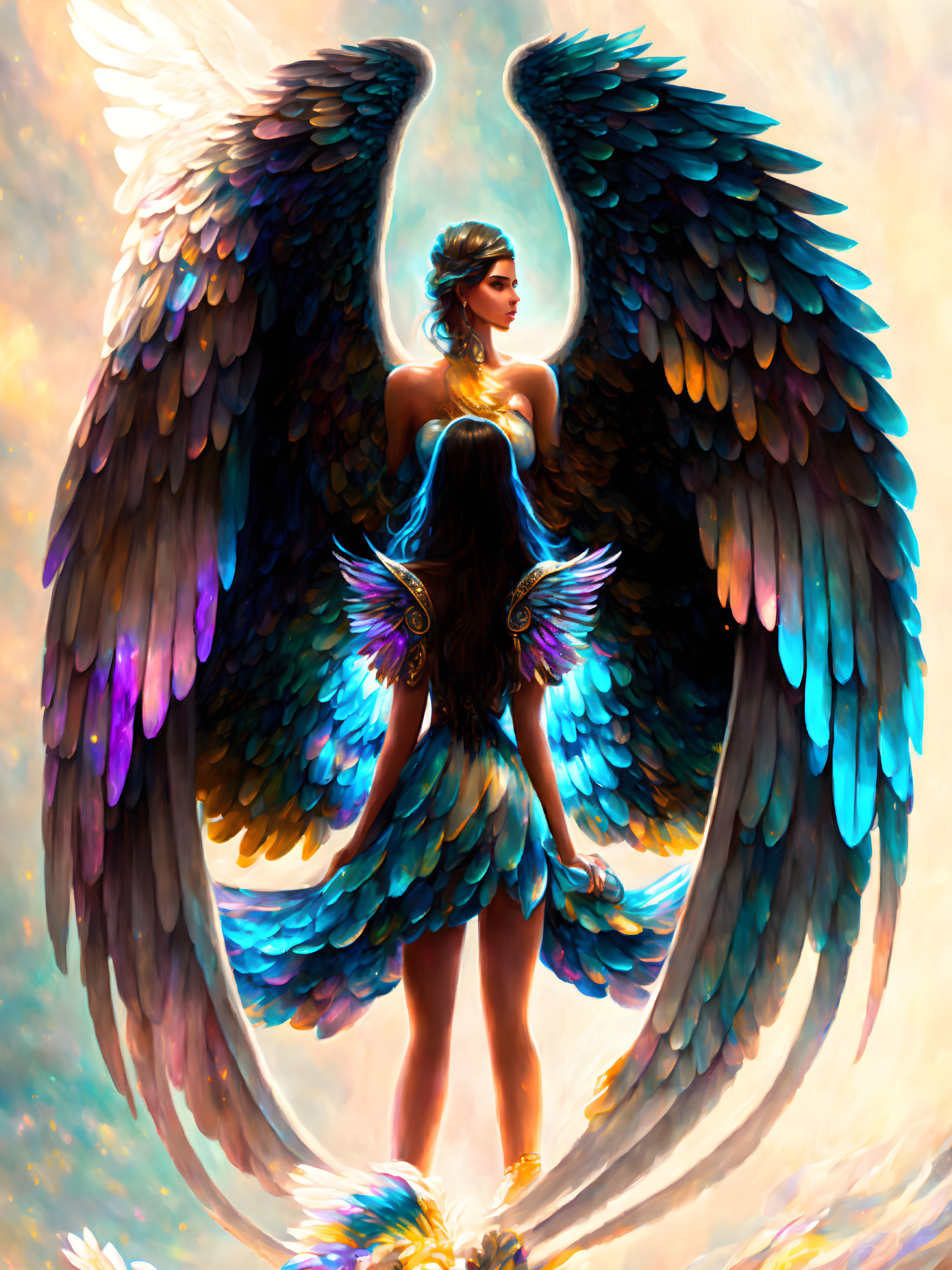 Ethereal figure with angel wings and crescent moon on warm backdrop