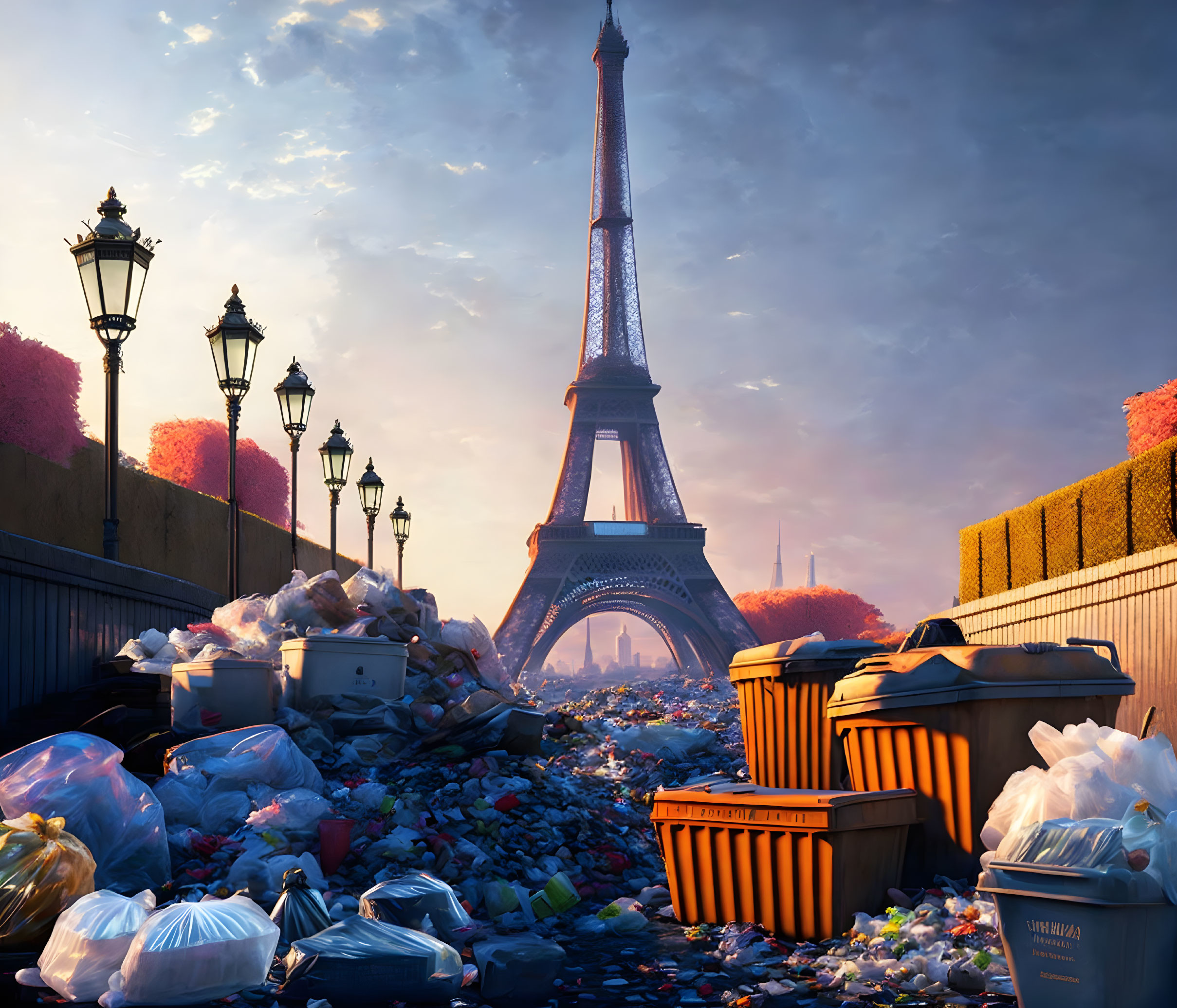 Eiffel Tower and Parisian street contrast with overflowing garbage