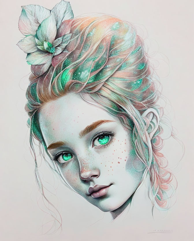 Colorful illustration of girl with green eyes, freckles, wavy hair, and white flower