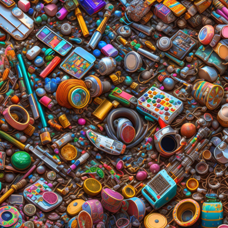 Assorted electronics, buttons, cables, and colorful items in a dense collection