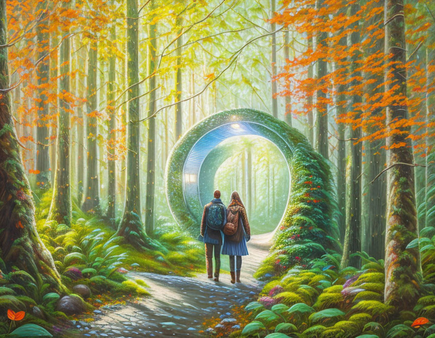 Two individuals walking towards a glowing portal in a vibrant forest with lush greenery and autumn trees.