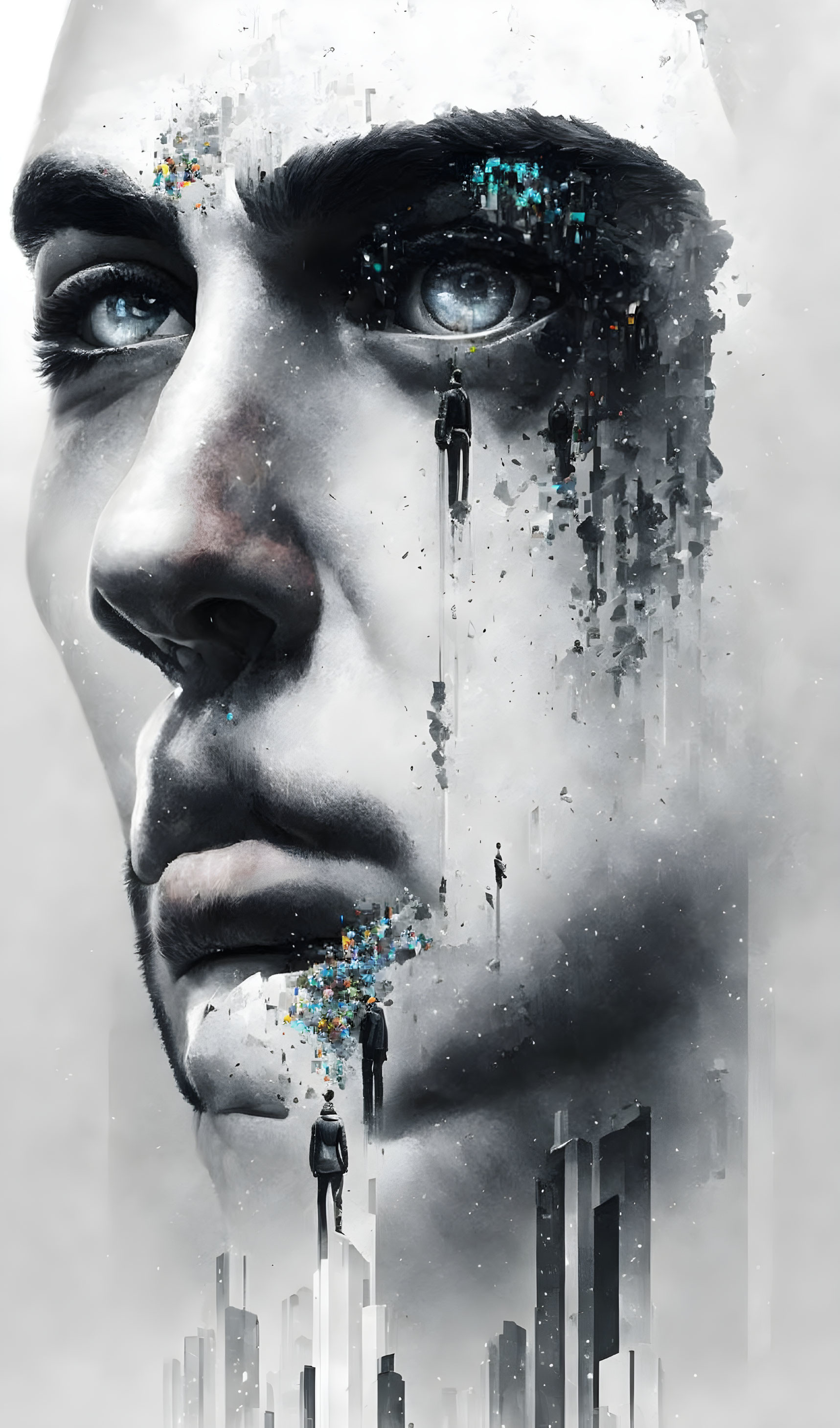 Male face merging into cityscape with tiny figures: A digital artwork.