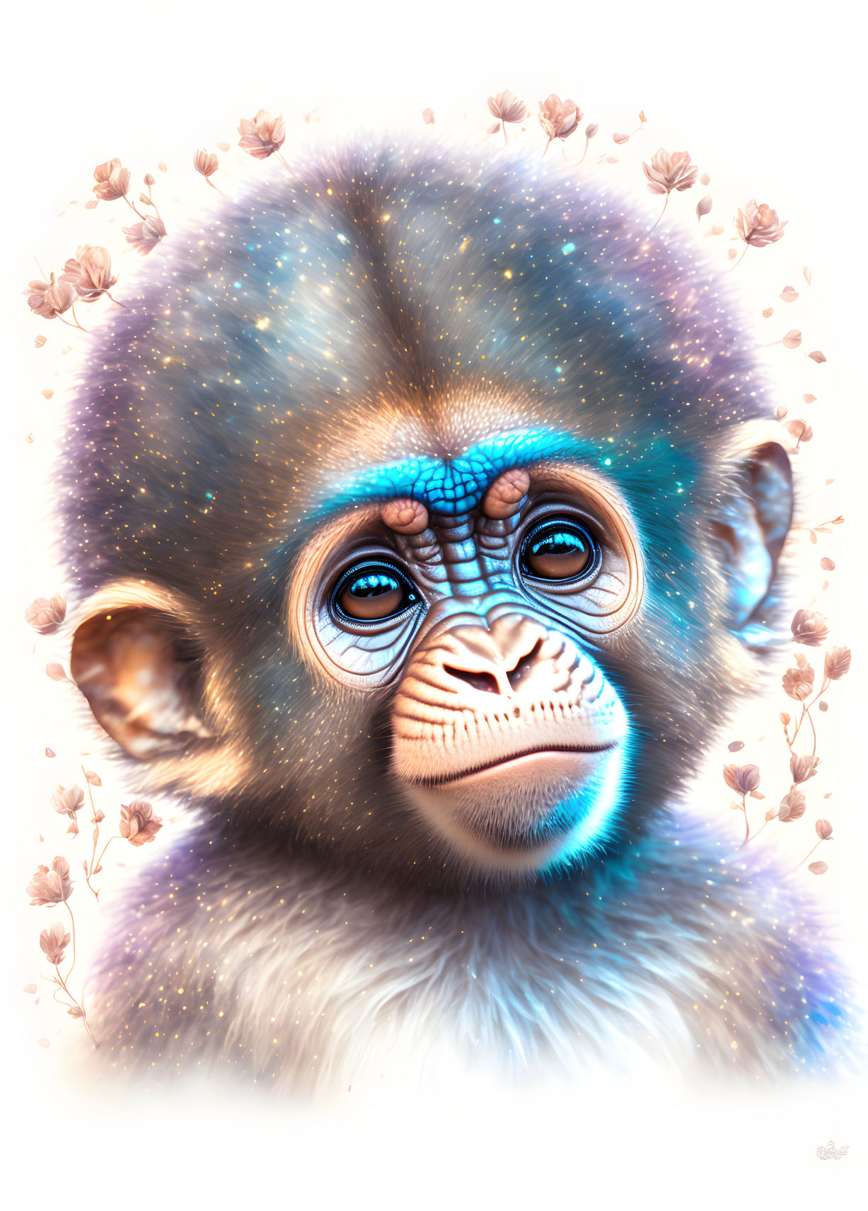 Baby Gorilla Illustration with Sparkling Eyes and Vibrant Flowers