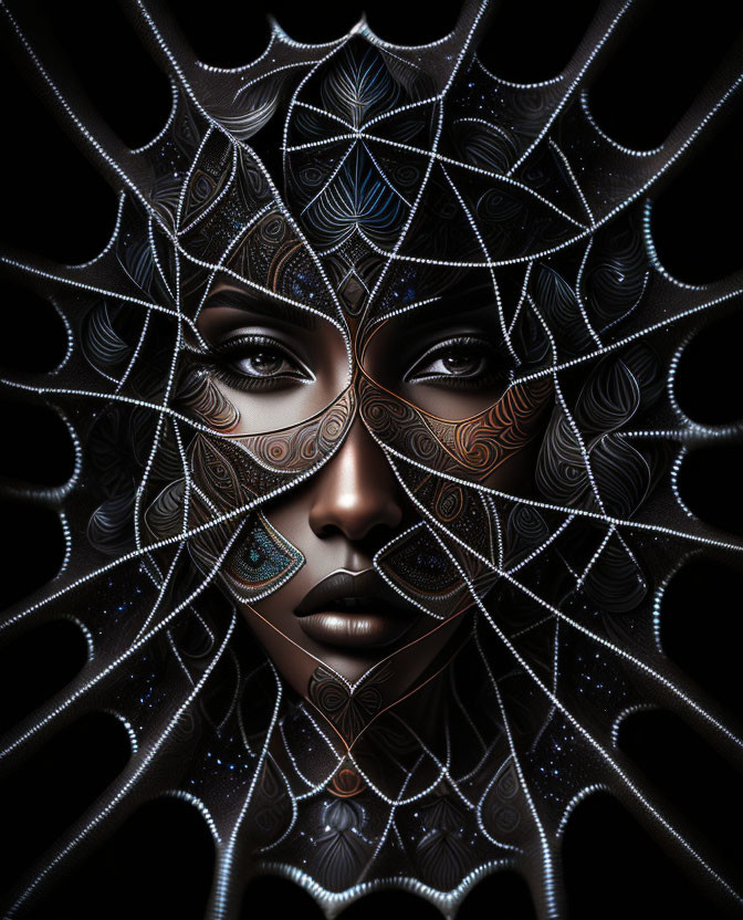 Woman with intricate face patterns and spiderweb-like design with jewel accents.