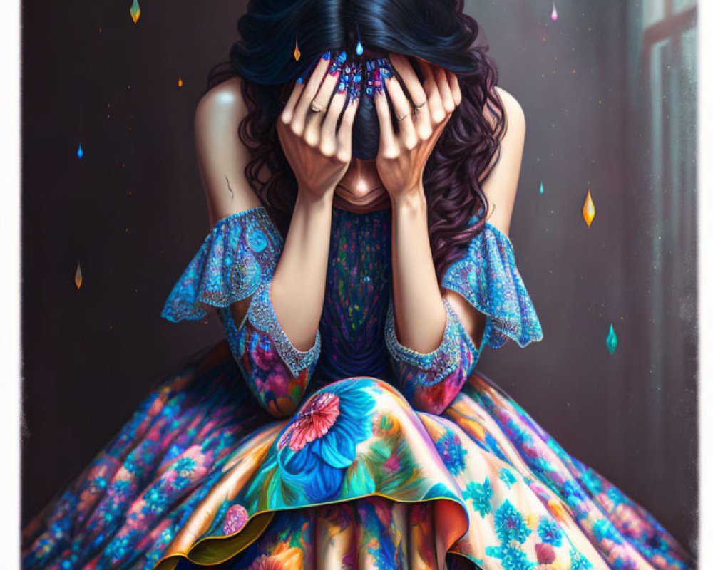 Woman in Floral Dress with Hands Covering Face and Sparkles Floating Around