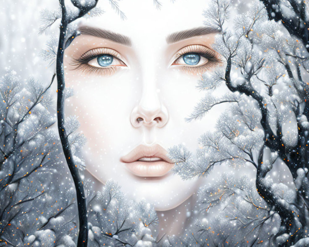 Surreal illustration: Woman's face in snowy landscape